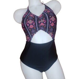 CUPSHE Black Floral Print Cut Out One Piece Monokini Swimsuit Size Medium NEW